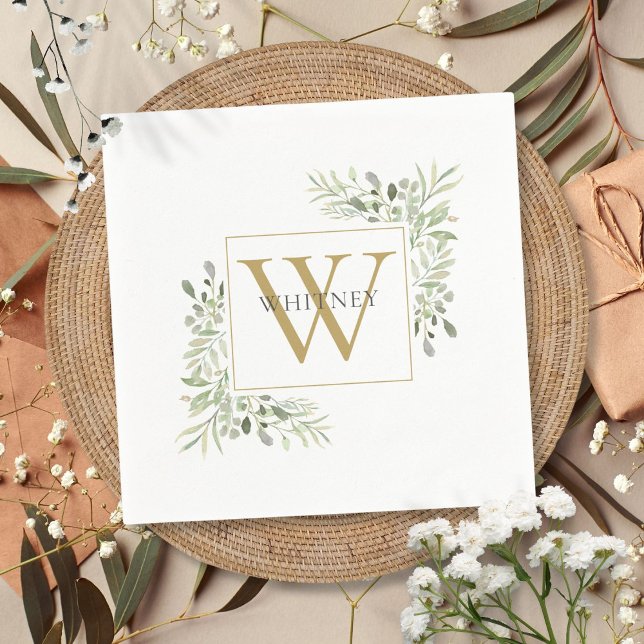 Modern Gold Monogram Greenery Floral Napkins (Modern Gold Monogram Greenery Floral Napkins)