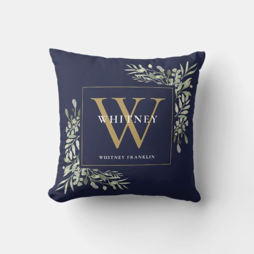 Modern Gold Monogram Greenery Navy Blue Throw Pillow