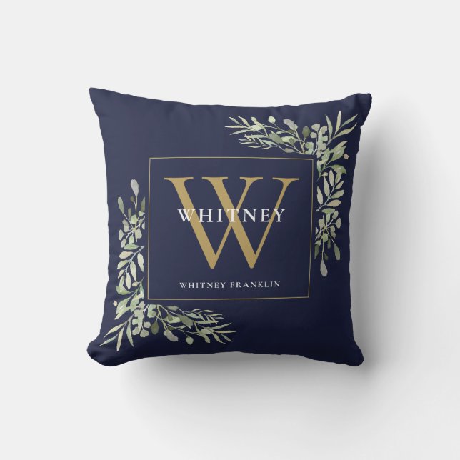 Modern Gold Monogram Greenery Navy Blue Throw Pillow (Front)