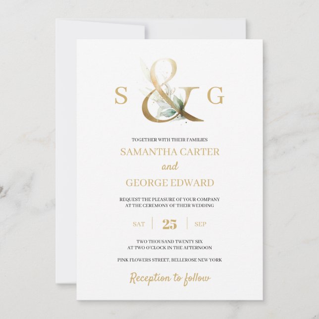Modern gold monogram initials and greenery wedding invitation (Front)