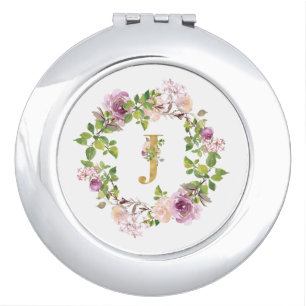 Modern Gold Monogram J Watercolor Floral Wreath Compact Mirror