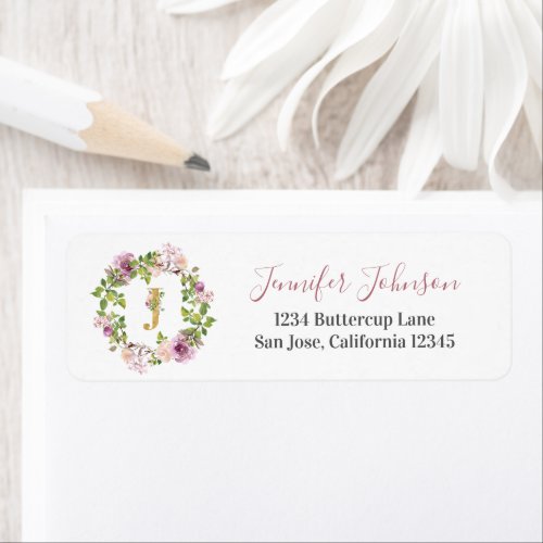 Modern Gold Monogram J Watercolor Floral Wreath Label