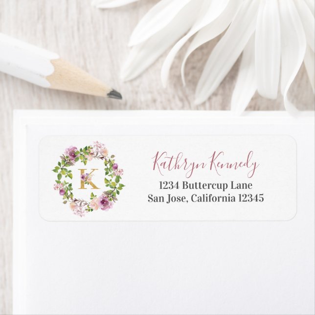 Modern Gold Monogram K Watercolor Floral Address Label (Insitu)