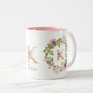 Modern Gold Monogram K Watercolor Floral Wreath Two-Tone Coffee Mug