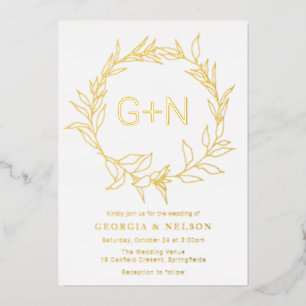 Modern Gold Monogram Leave Wreath Wedding Golden Foil Invitation