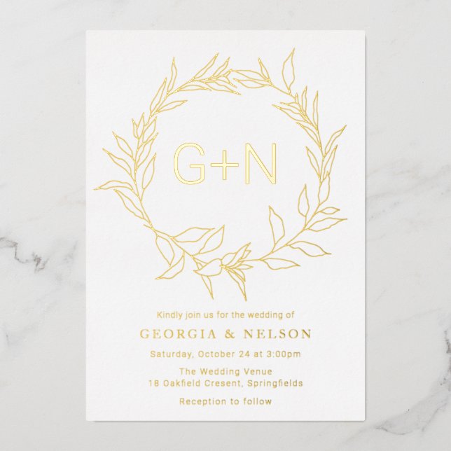 Modern Gold Monogram Leave Wreath Wedding Golden Foil Invitation (Front)