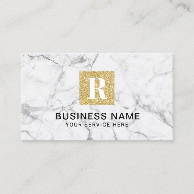 Modern Gold Monogram Logo Trendy White Marble Business Card (Front)