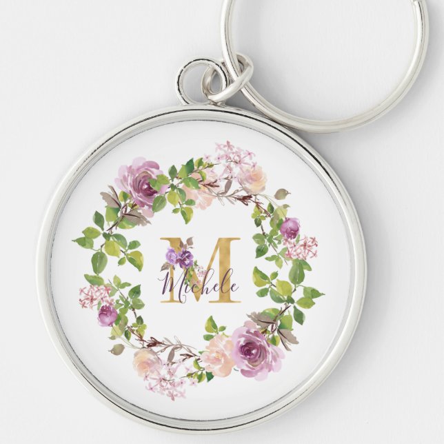 Modern Gold Monogram M Watercolor Floral Wreath Keychain (Front)