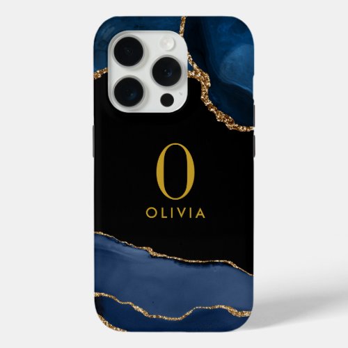 Modern Gold Monogram Navy Black Gold Agate iPhone 15 Pro Case