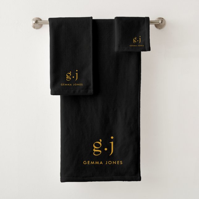 Modern Gold Monogram On Black Bath Towel Set (Insitu)