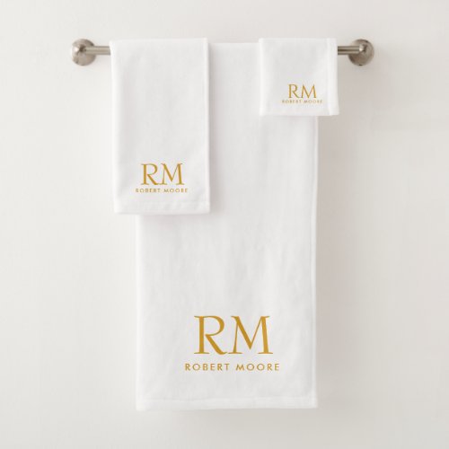 Modern Gold Monogram On White Bath Towel Set