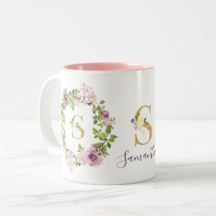 Modern Gold Monogram S Watercolor Floral Wreath Two-Tone Coffee Mug