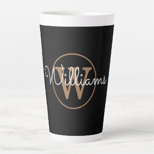 Modern Gold Monogram Script Black Latte Mug