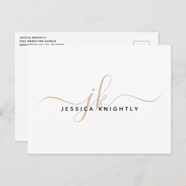 Modern Gold Monogram Script Initials Minimalist Postcard (Front/Back)