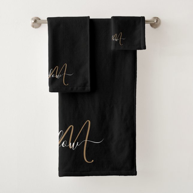 Modern Gold Monogram Script Name Bath Towel Set (Insitu)