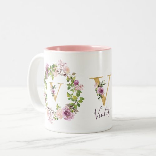 Modern Gold Monogram V Watercolor Floral Wreath Two_Tone Coffee Mug