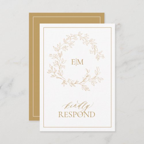 Modern Gold Monogram Wedding RSVP Card - We're loving this trendy, modern gold RSVP card! Simple, elegant, and oh-so-pretty, it features a hand drawn leafy wreath encircling a modern wedding monogram. It is personalized in elegant typography, and accented with hand-lettered calligraphy. Finally, it is trimmed in a delicate frame and the back of the card allows guests to indicate their intention to attend and entree selection.To remove meal choices, we have create a how-to video for you here: https://youtu.be/ZGpeldQgxoE  Veiw suite here: 
https://www.zazzle.com/collections/gold_leafy_crest_monogram_wedding-119668631605460589 Contact designer for matching products to complete the suite, OR for color variations of this design. Thank you sooo much for supporting our small business, we really appreciate it! 
