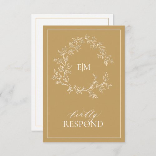 Modern Gold Monogram Wedding RSVP Card - We're loving this trendy, modern gold RSVP card! Simple, elegant, and oh-so-pretty, it features a hand drawn leafy wreath encircling a modern wedding monogram. It is personalized in elegant typography, and accented with hand-lettered calligraphy. Finally, it is trimmed in a delicate frame and the back of the card allows guests to indicate their intention to attend and entree selection.To remove meal choices, we have create a how-to video for you here: https://youtu.be/ZGpeldQgxoE  Veiw suite here: 
https://www.zazzle.com/collections/gold_leafy_crest_monogram_wedding-119668631605460589 Contact designer for matching products to complete the suite, OR for color variations of this design. Thank you sooo much for supporting our small business, we really appreciate it! 