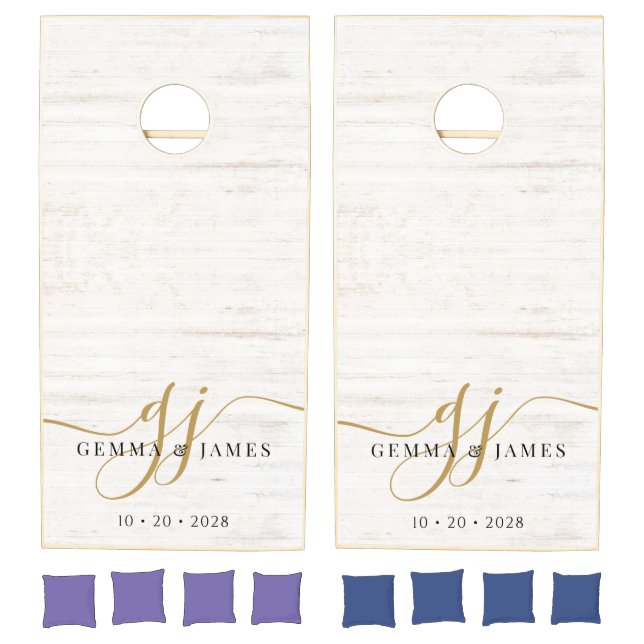 Modern Gold Monogram White Washed Wood Wedding Cornhole Set (Set)