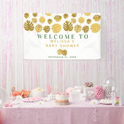Modern Gold Monstera Leaves Baby Shower Welcome Banner