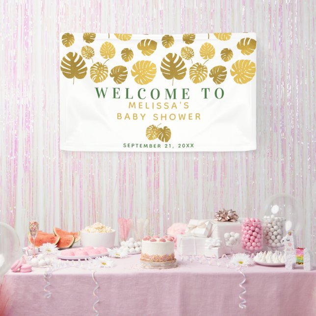 Modern Gold Monstera Leaves Baby Shower Welcome Banner (Party)