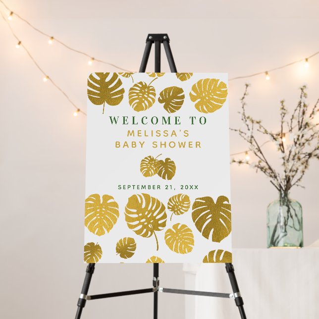Modern Gold Monstera Leaves Baby Shower Welcome Foam Board (In Situ (Stand))