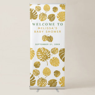 Modern Gold Monstera Leaves Baby Shower Welcome Retractable Banner