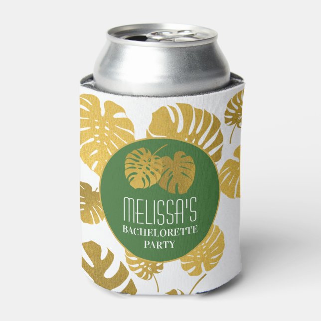 Modern Gold Monstera Leaves Bachelorette Party Can Cooler (Can Front)