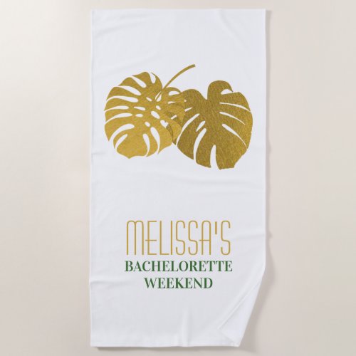 Modern Gold Monstera Leaves Bachelorette Weekend  Beach Towel