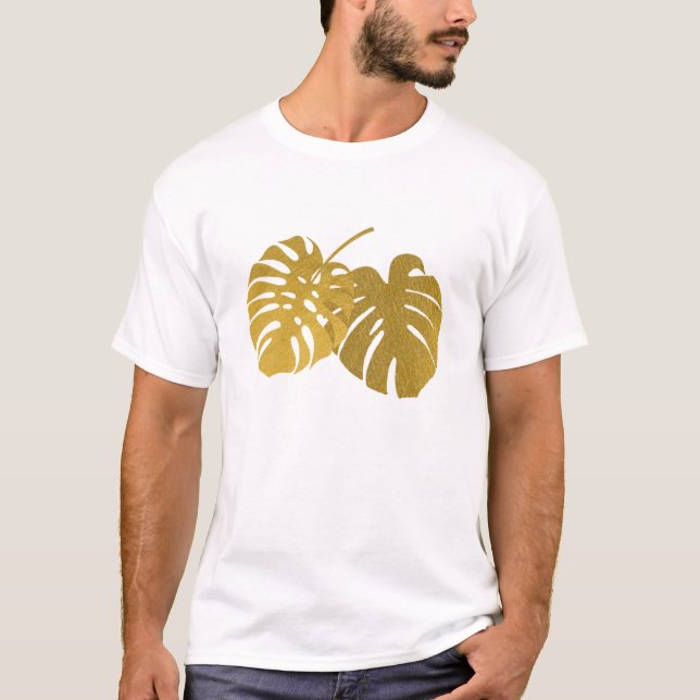 Modern Gold Monstera Tropical Leaf T-Shirt (Front)