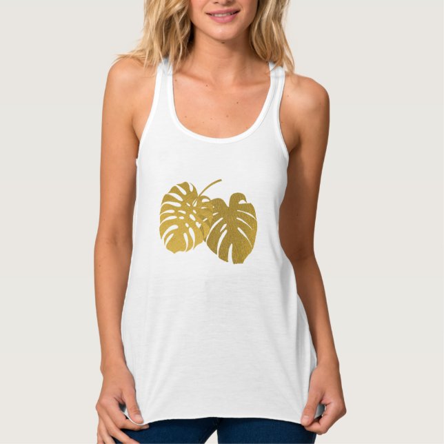 Modern Gold Monstera Tropical Leaf Tank Top (Front)