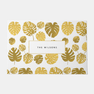 Modern Gold Monstera Tropical Leaves Family Doormat
