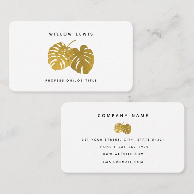 Modern Gold Monstera Tropical Leaves Minimalist  Business Card (Front/Back)