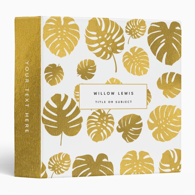 Modern Gold Monstera Tropical Leaves Pattern 3 Ring Binder (Front/Spine)