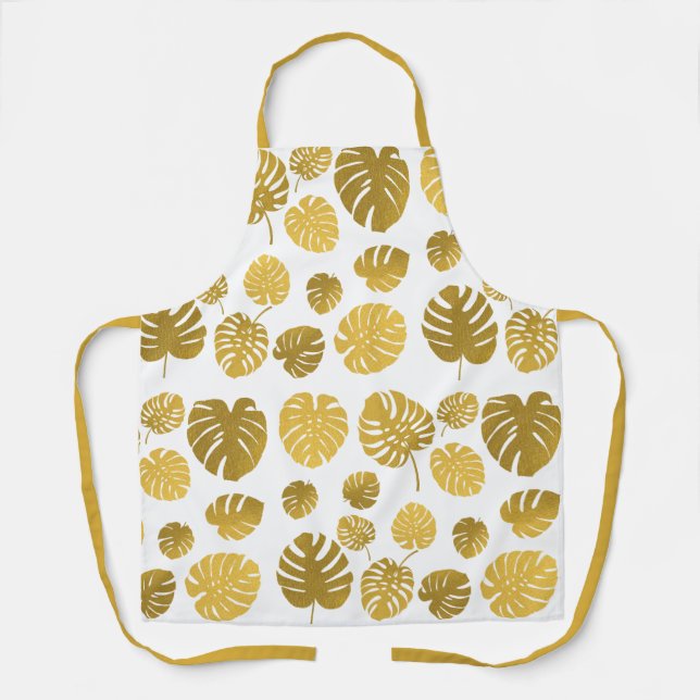 Modern Gold Monstera Tropical Leaves Pattern  Apron (Front)