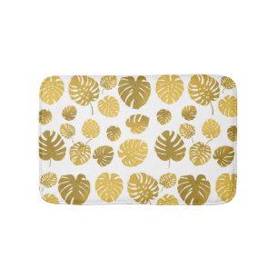 Modern Gold Monstera Tropical Leaves Pattern Bath Mat