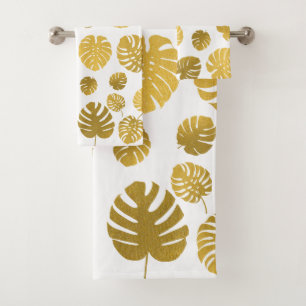 Modern Gold Monstera Tropical Leaves Pattern Bath Towel Set