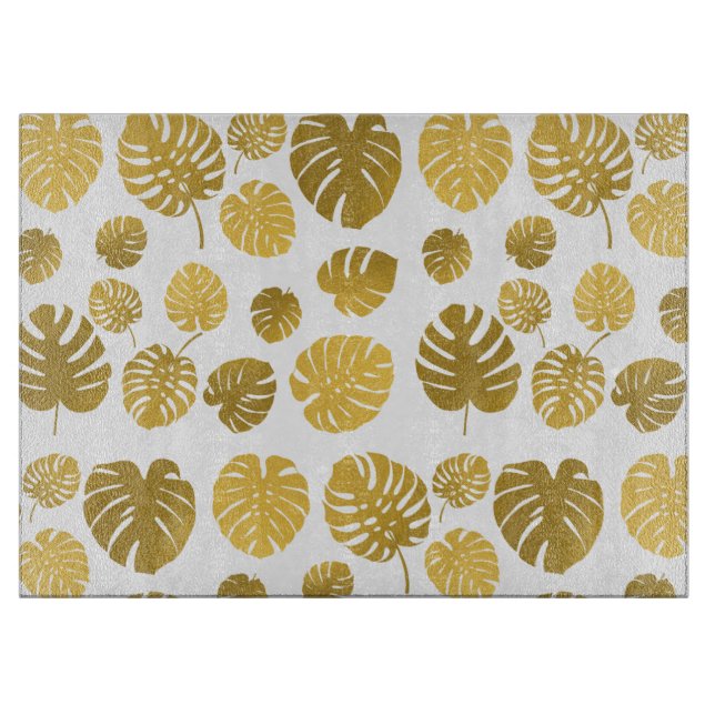 Modern Gold Monstera Tropical Leaves Pattern  Cutting Board (Front)