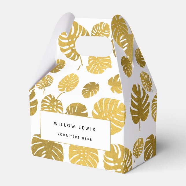 Modern Gold Monstera Tropical Leaves Pattern Favor Boxes (Front Side)