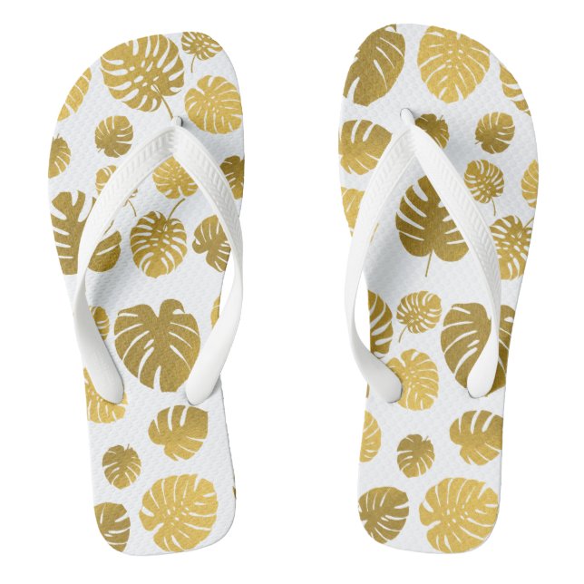 Modern Gold Monstera Tropical Leaves Pattern Flip Flops (Footbed)
