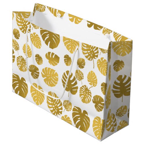 Modern Gold Monstera Tropical Leaves Pattern Large Gift Bag