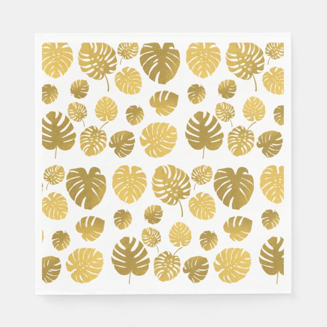 Modern Gold Monstera Tropical Leaves Pattern  Napkins (Front)