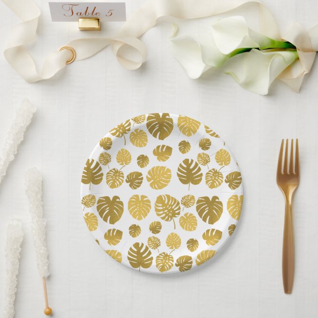 Modern Gold Monstera Tropical Leaves Pattern Paper Plates (Wedding)