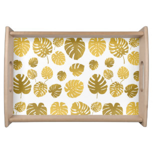 Modern Gold Monstera Tropical Leaves Pattern Serving Tray