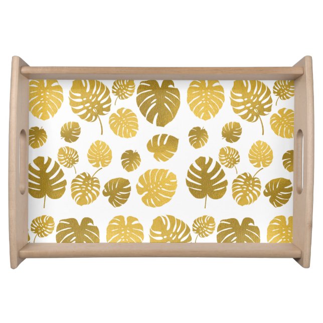 Modern Gold Monstera Tropical Leaves Pattern  Serving Tray (Front)