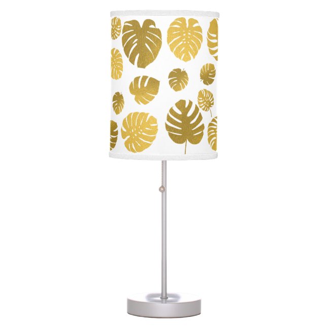 Modern Gold Monstera Tropical Leaves Pattern Table Lamp (Front)