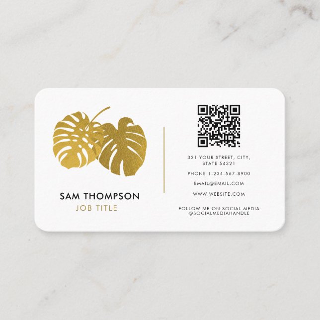 Modern Gold Monstera Tropical QR Code Social Media Business Card (Front)