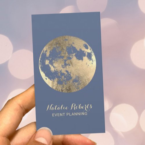 Modern Gold Moon Elegant Dusty Blue Event Planning Business Card