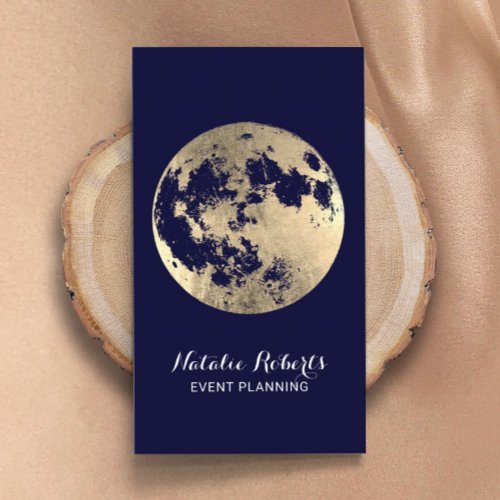 Modern Gold Moon Elegant Navy Blue Event Planning Business Card