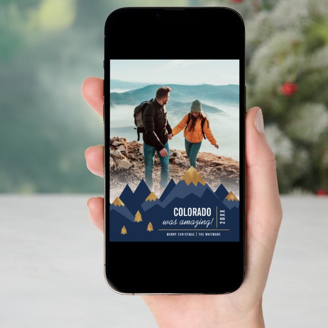 Modern Gold Mountains Trip Photo Christmas Holiday Card (Front Digital)